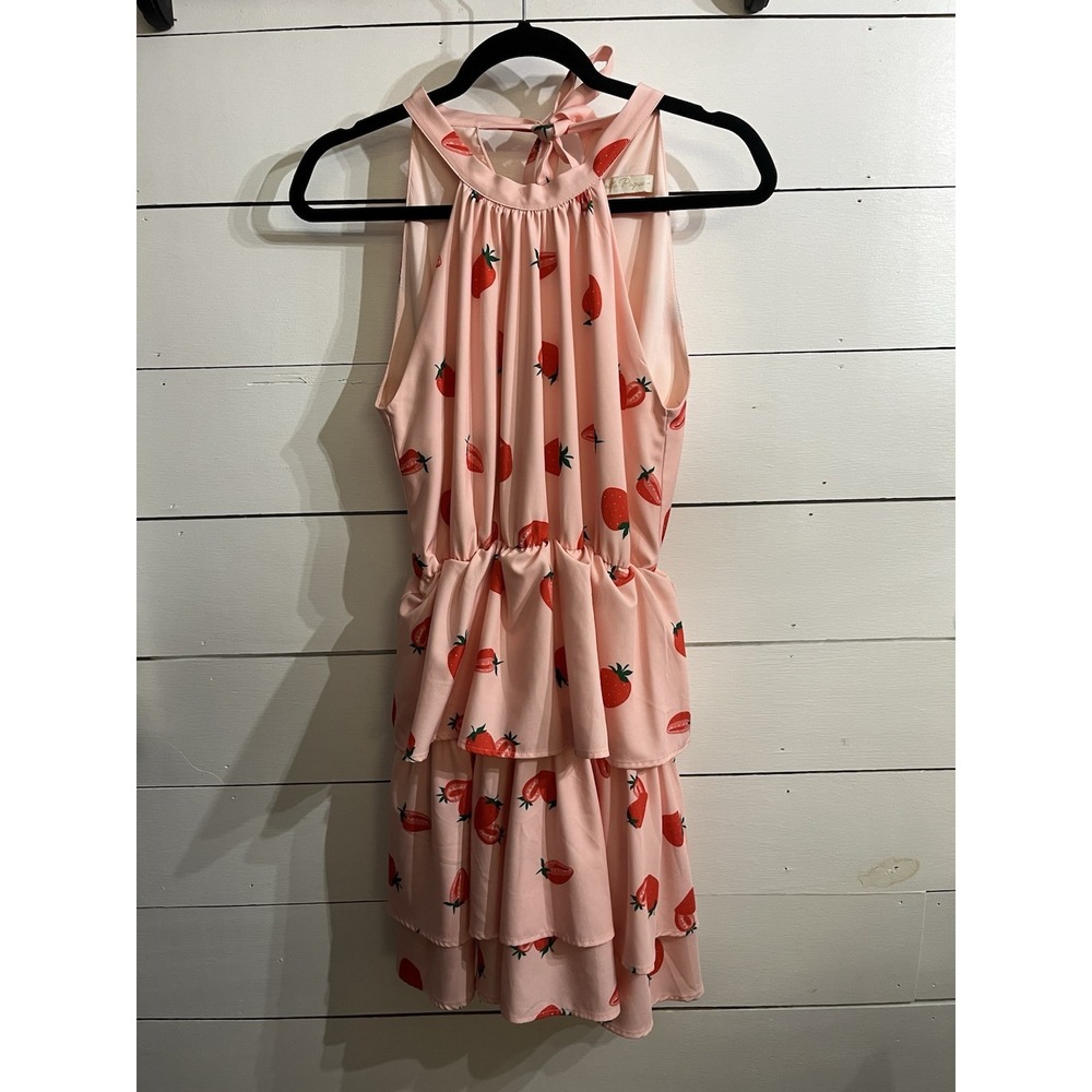 Strawberry Girly Cute Halter Neck Tiered Layered Ruffle Pink‎ Mini Dress Large